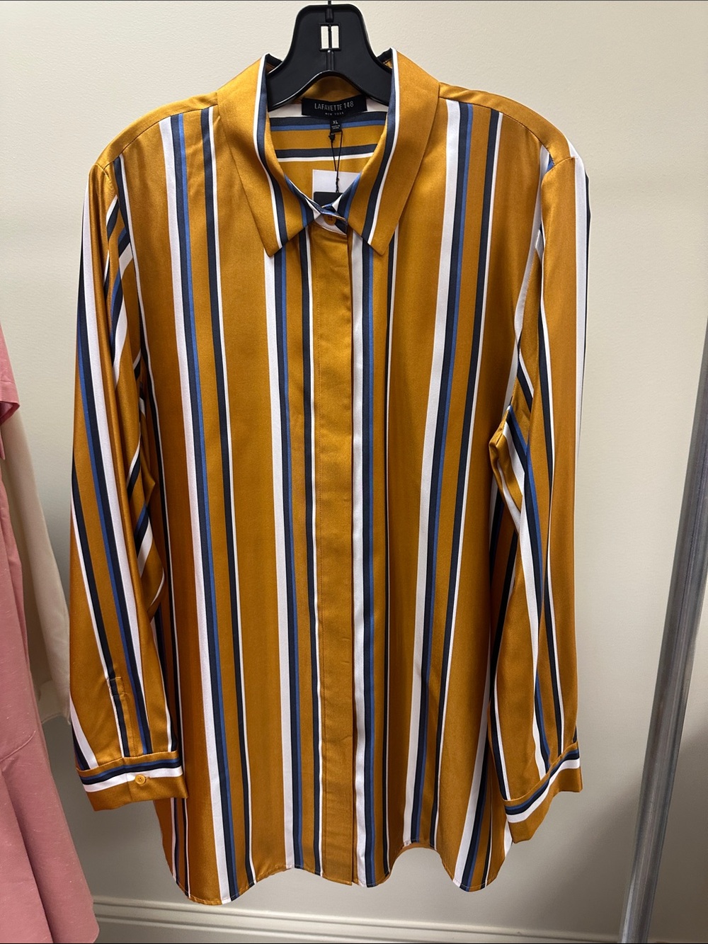 Lafayette 148 New York Mustard, Navy & White Vertical Stripe Button-Down Top